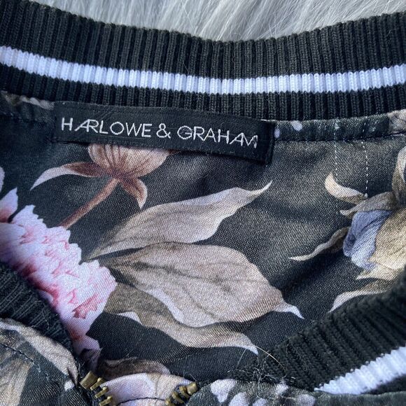 Harlowe & Graham Jacket Sz M Black Tapestry Floral Bomber Coat Zip Up Silky Fun - Picture 5 of 10